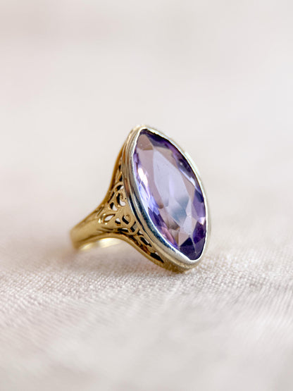 Vintage Amethyst Engagement Ring, Marquise Cut Solitaire, 14k Gold, Filigree Alternative Bridal Ring