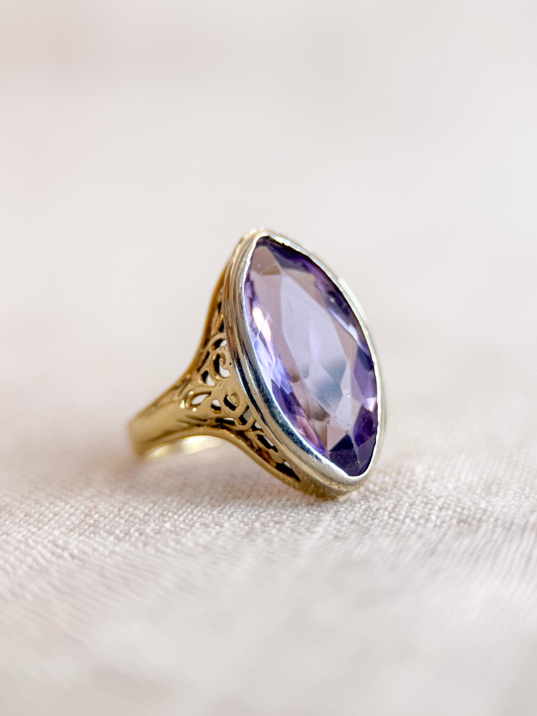 Vintage Amethyst Engagement Ring, Marquise Cut Solitaire, 14k Gold, Filigree Alternative Bridal Ring