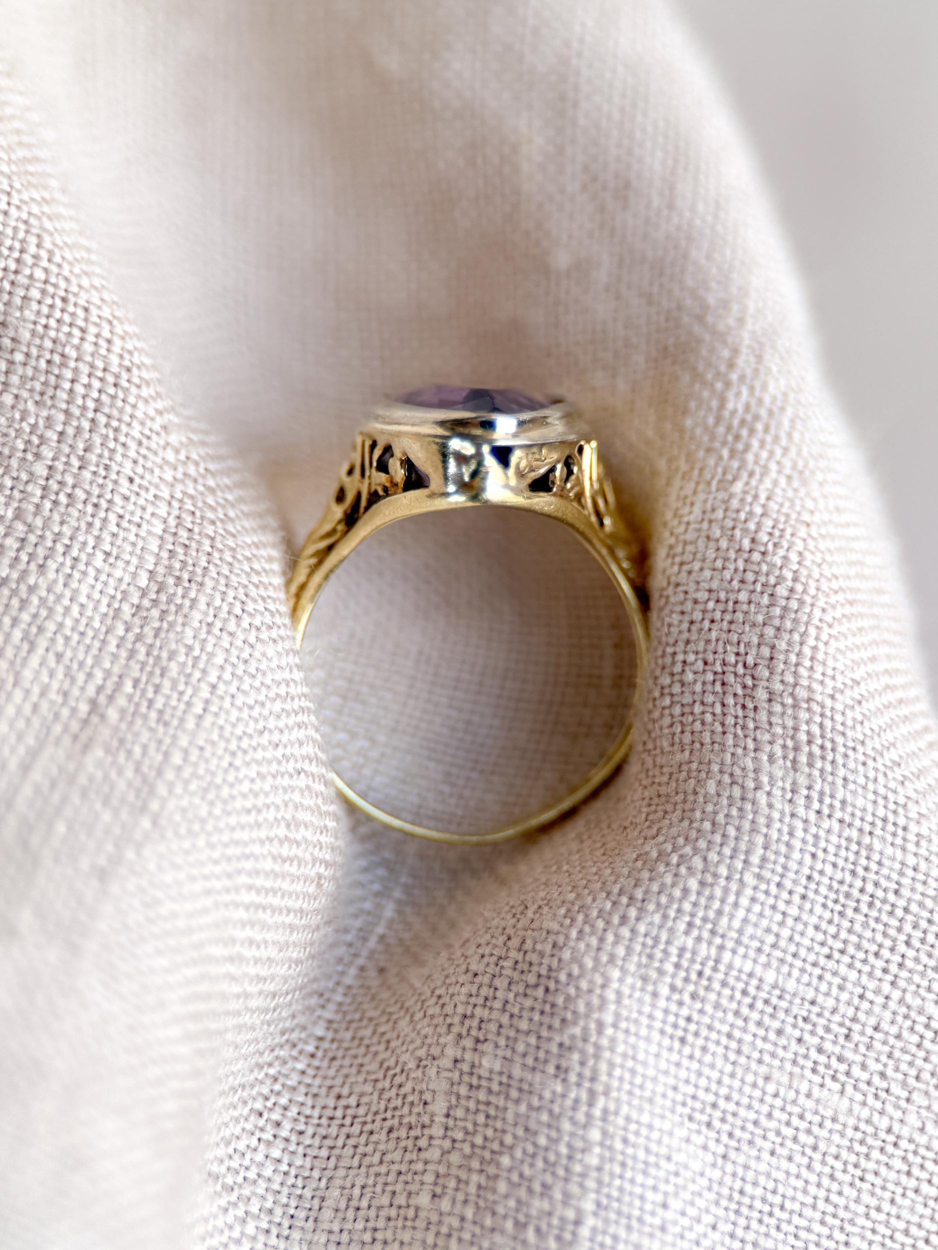 Vintage Amethyst Engagement Ring, Marquise Cut Solitaire, 14k Gold, Filigree Alternative Bridal Ring