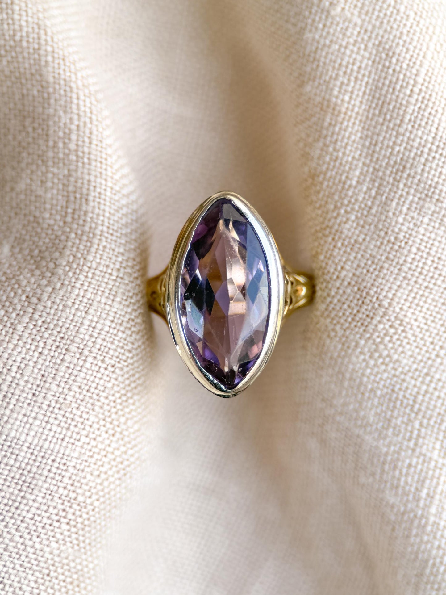 Vintage Amethyst Engagement Ring, Marquise Cut Solitaire, 14k Gold, Filigree Alternative Bridal Ring