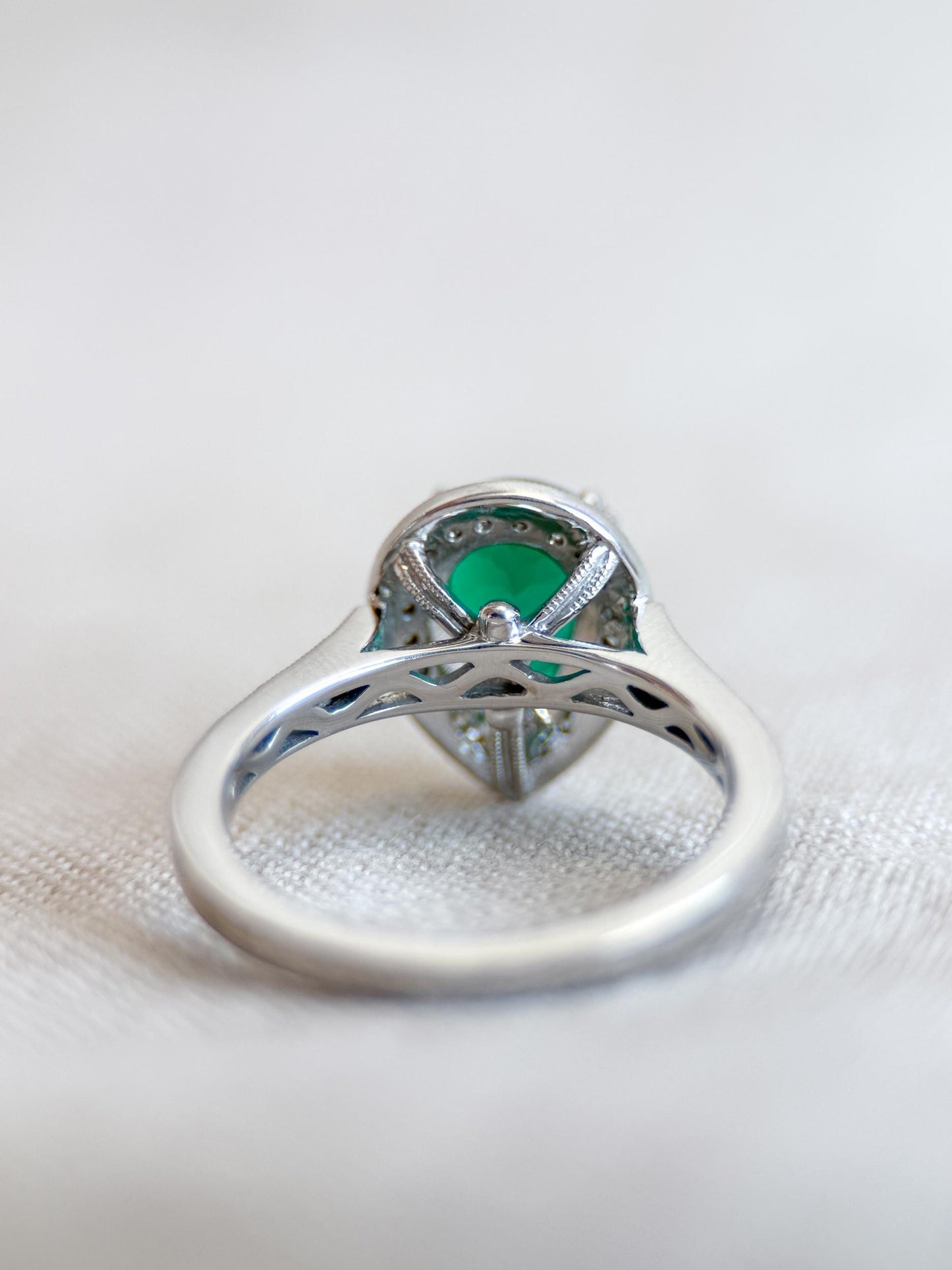 Vintage Emerald Engagement Ring, Pear Cut Halo 14k White Gold, Alternative Bridal Ring