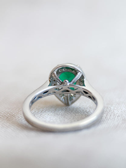 Vintage Emerald Engagement Ring, Pear Cut Halo 14k White Gold, Alternative Bridal Ring