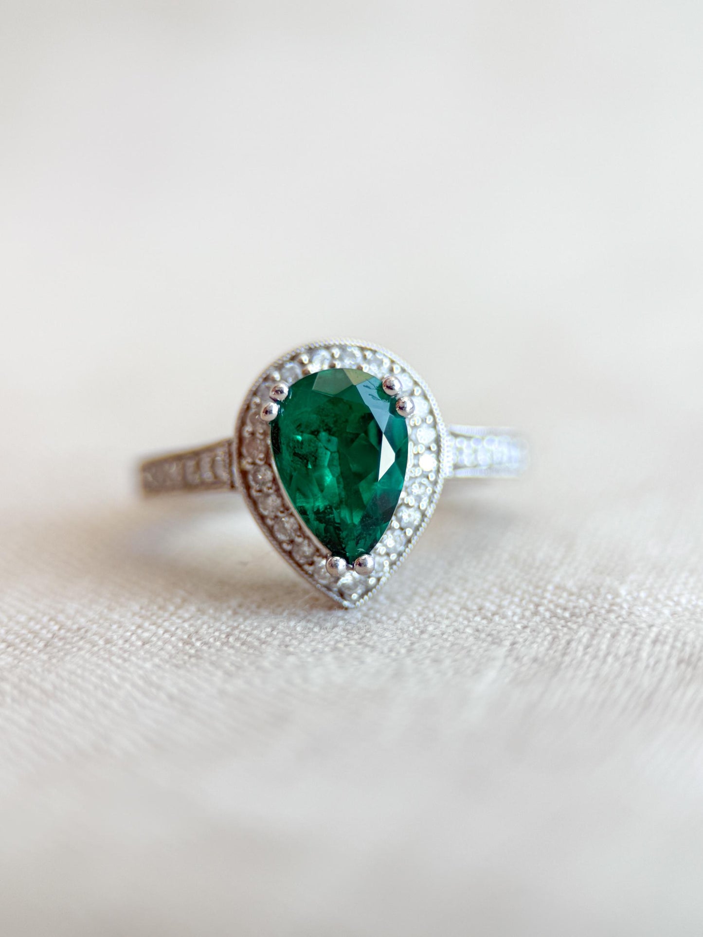 Vintage Emerald Engagement Ring, Pear Cut Halo 14k White Gold, Alternative Bridal Ring