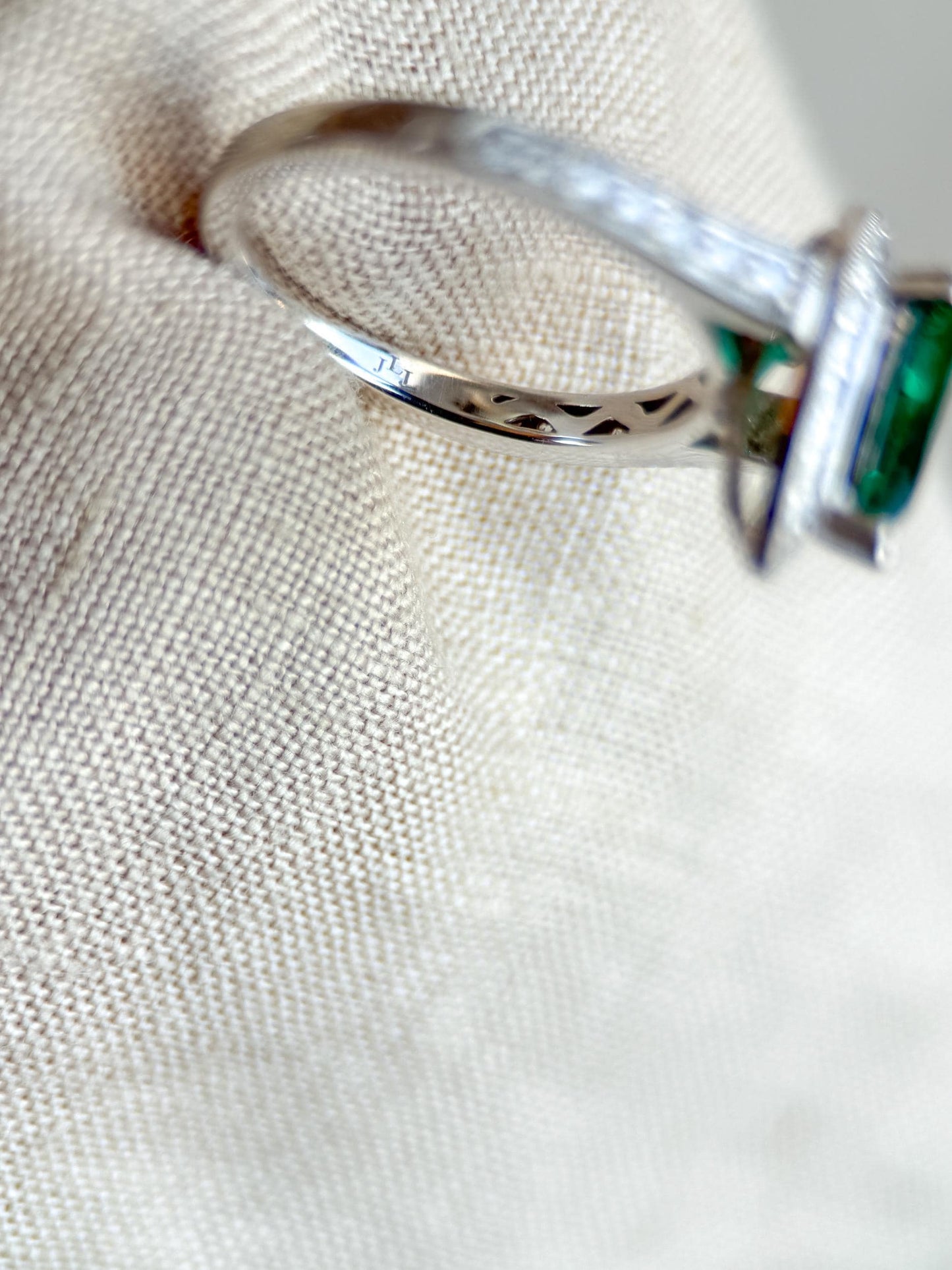 Vintage Emerald Engagement Ring, Pear Cut Halo 14k White Gold, Alternative Bridal Ring