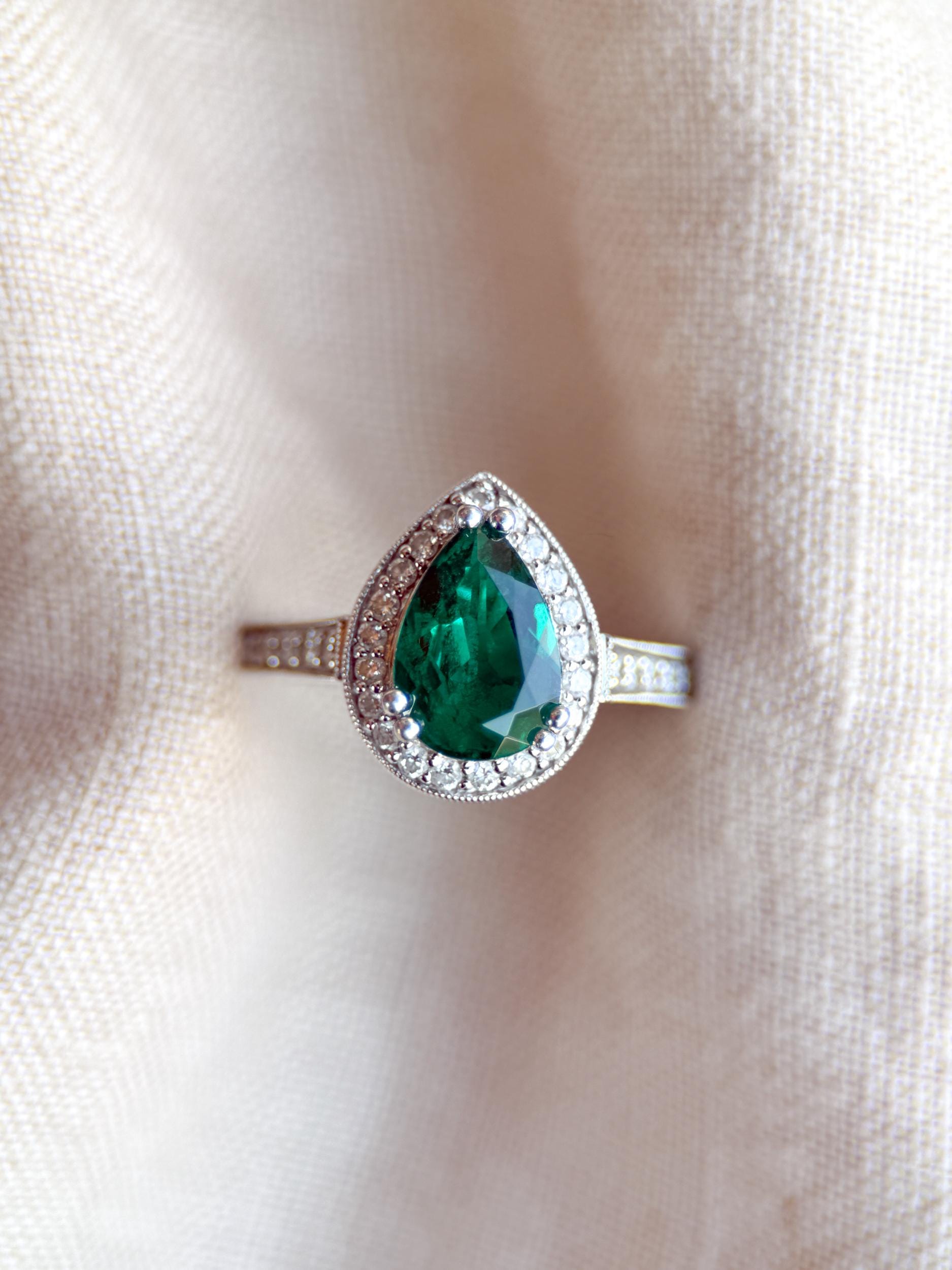 Vintage Emerald Engagement Ring, Pear Cut Halo 14k White Gold, Alternative Bridal Ring