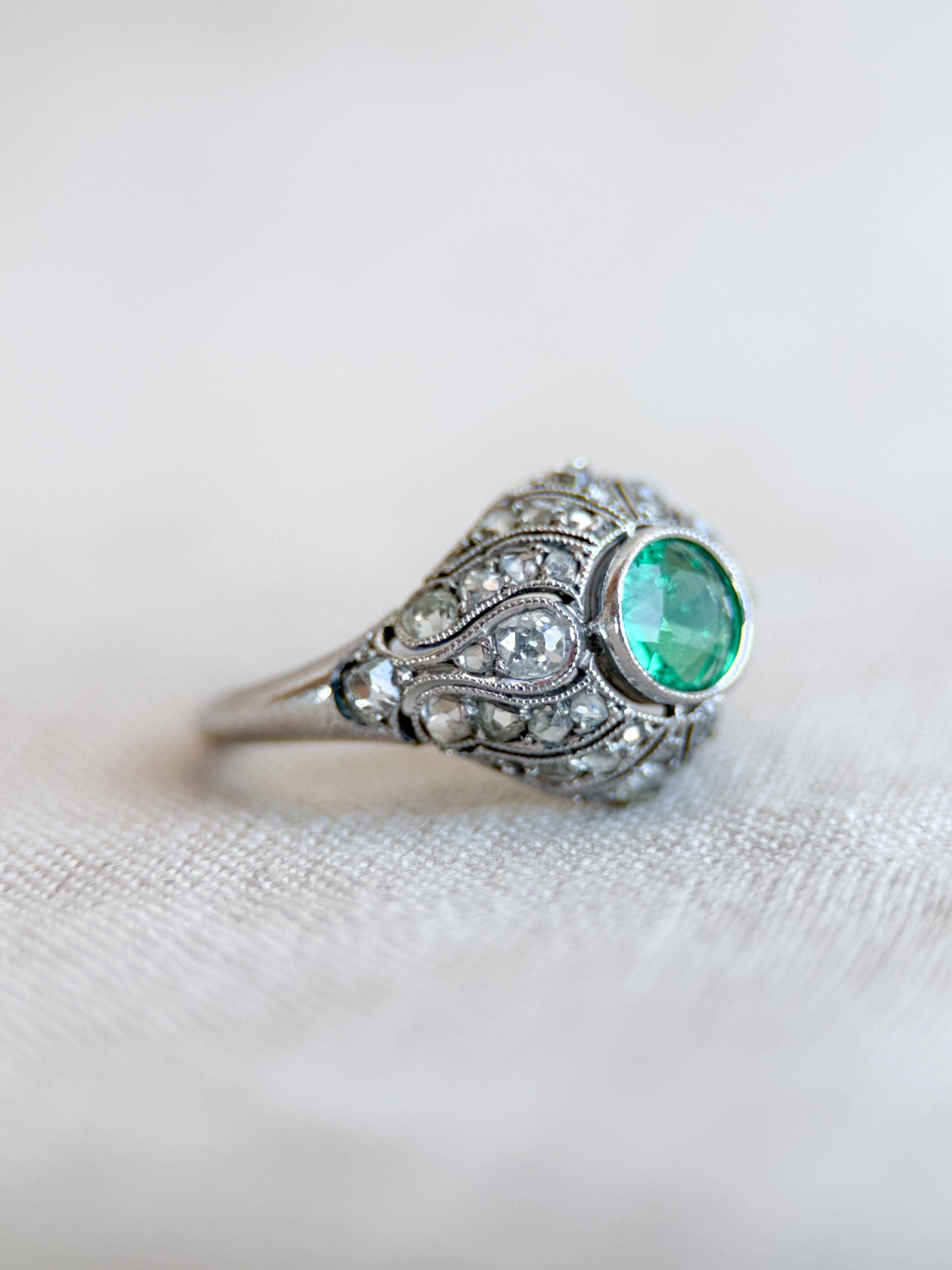 Vintage Emerald and Diamond Engagement Ring, Round Victorian Sterling Silver Alternative Bridal Ring