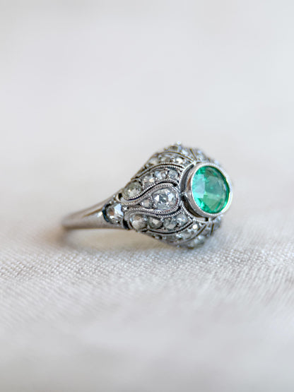 Vintage Emerald and Diamond Engagement Ring, Round Victorian Sterling Silver Alternative Bridal Ring