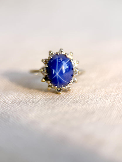 Vintage Star Sapphire and Diamond Halo Engagement Ring, Oval 14k White Gold Bridal Ring