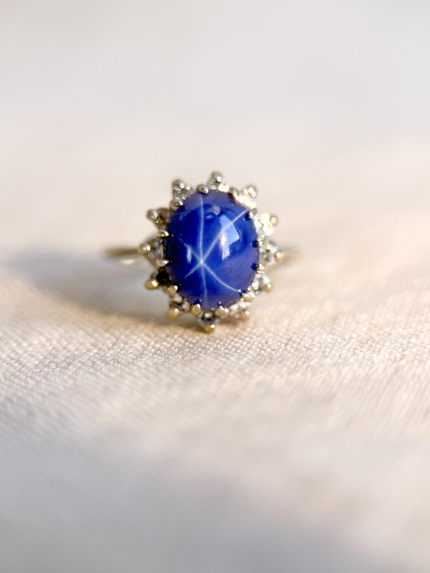 Vintage Star Sapphire and Diamond Halo Engagement Ring, Oval 14k White Gold Bridal Ring