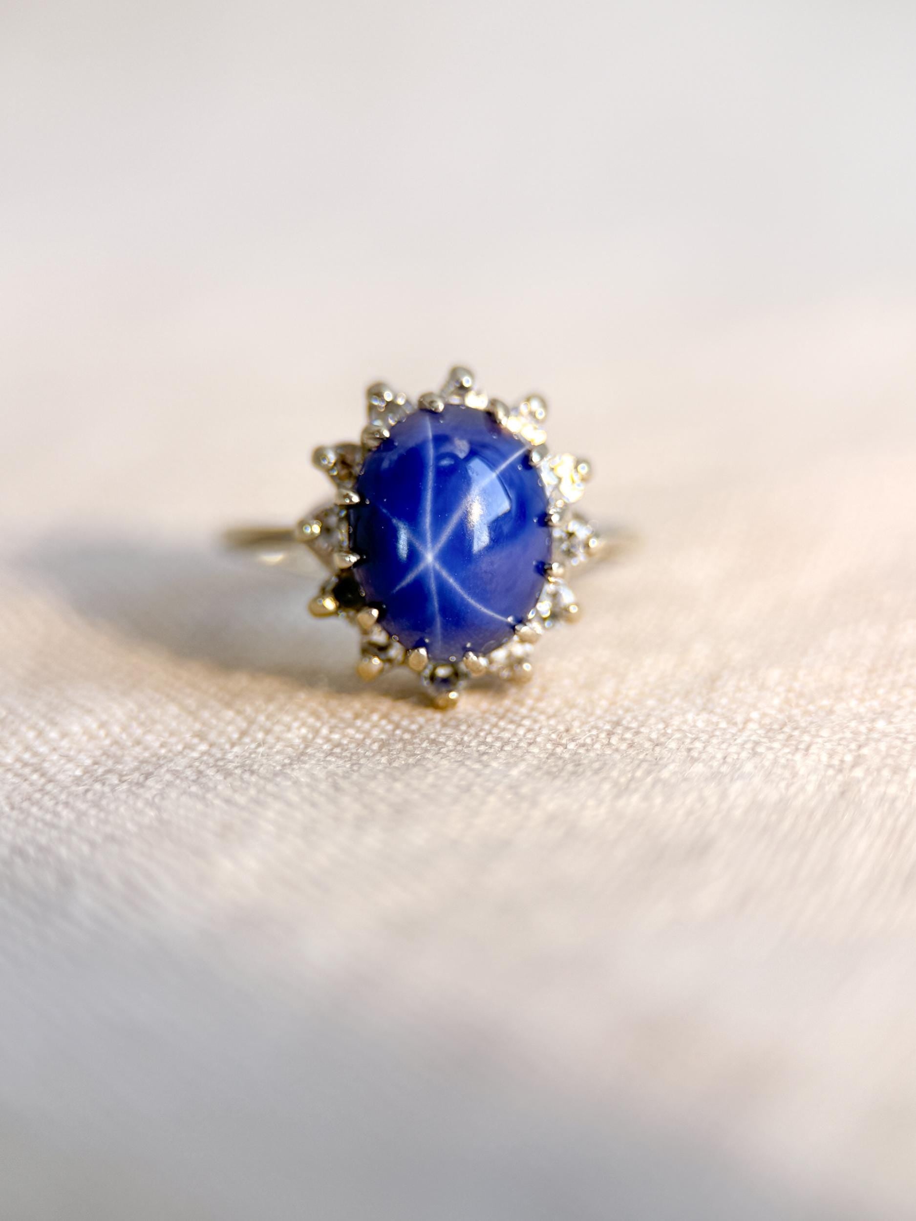 Vintage Star Sapphire and Diamond Halo Engagement Ring, Oval 14k White Gold Bridal Ring