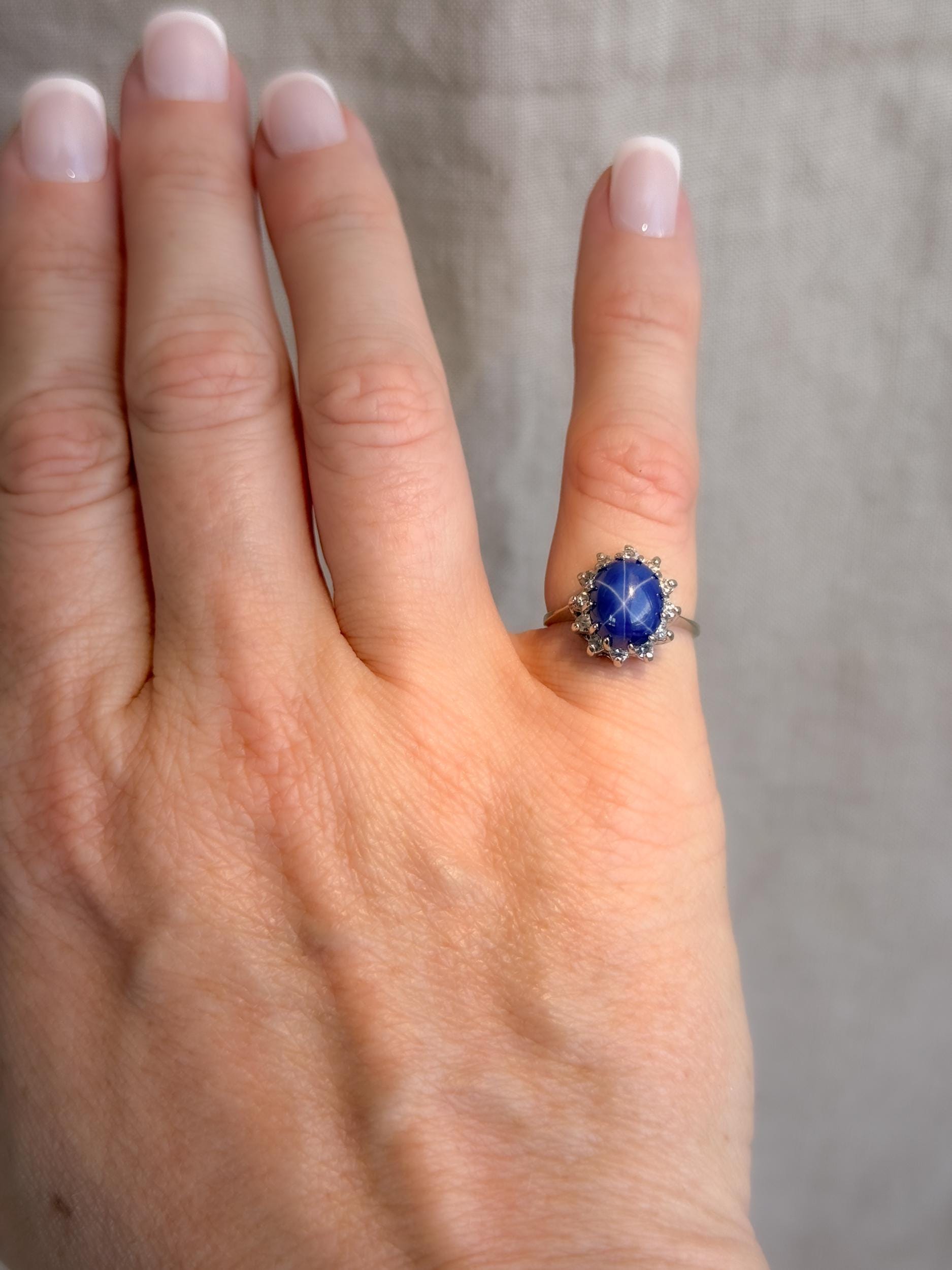 Vintage Star Sapphire and Diamond Halo Engagement Ring, Oval 14k White Gold Bridal Ring