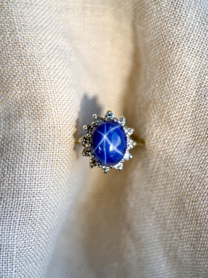 Vintage Star Sapphire and Diamond Halo Engagement Ring, Oval 14k White Gold Bridal Ring