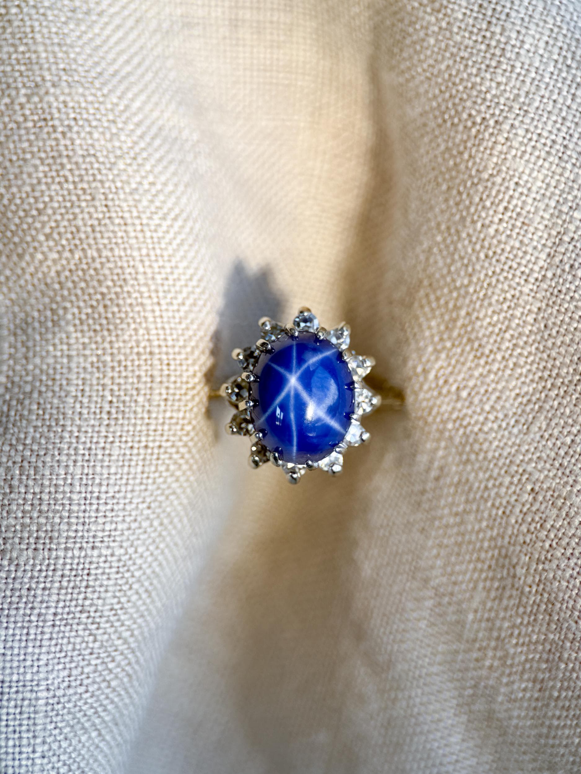 Vintage Star Sapphire and Diamond Halo Engagement Ring, Oval 14k White Gold Bridal Ring