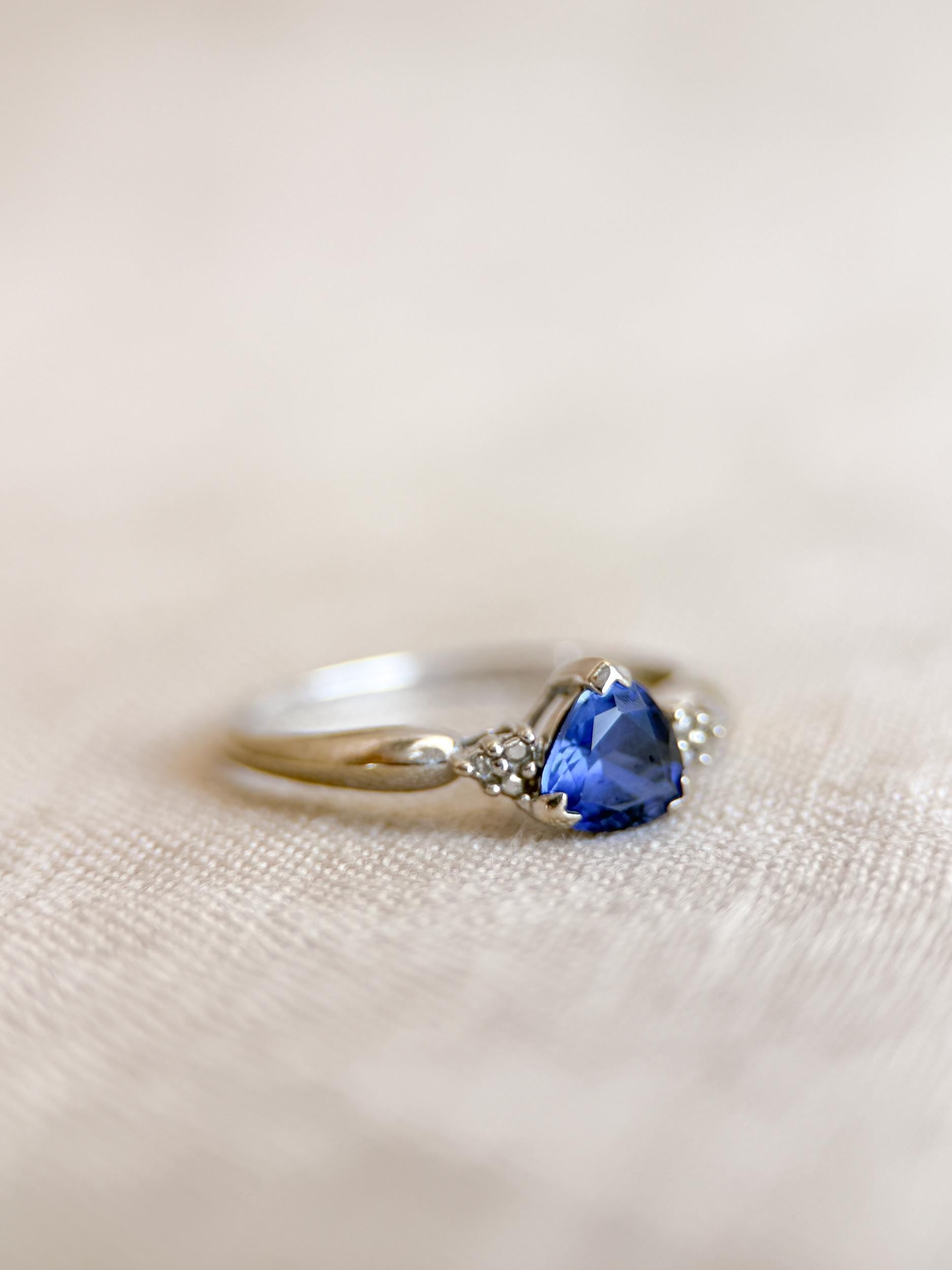 Vintage Sapphire and Diamond Engagement Ring, Trillion Cut 10k White Gold Alternative Bridal Ring