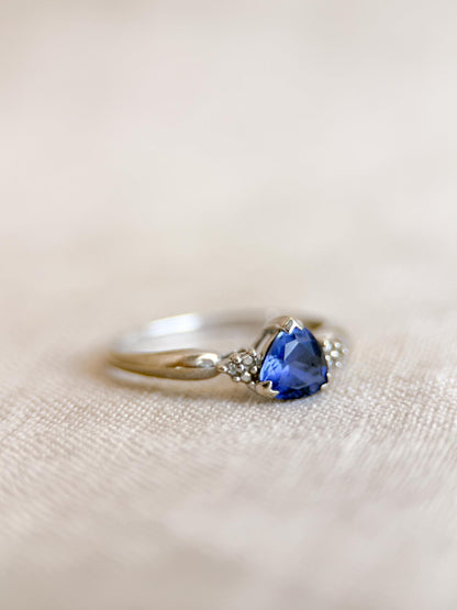 Vintage Sapphire and Diamond Engagement Ring, Trillion Cut 10k White Gold Alternative Bridal Ring