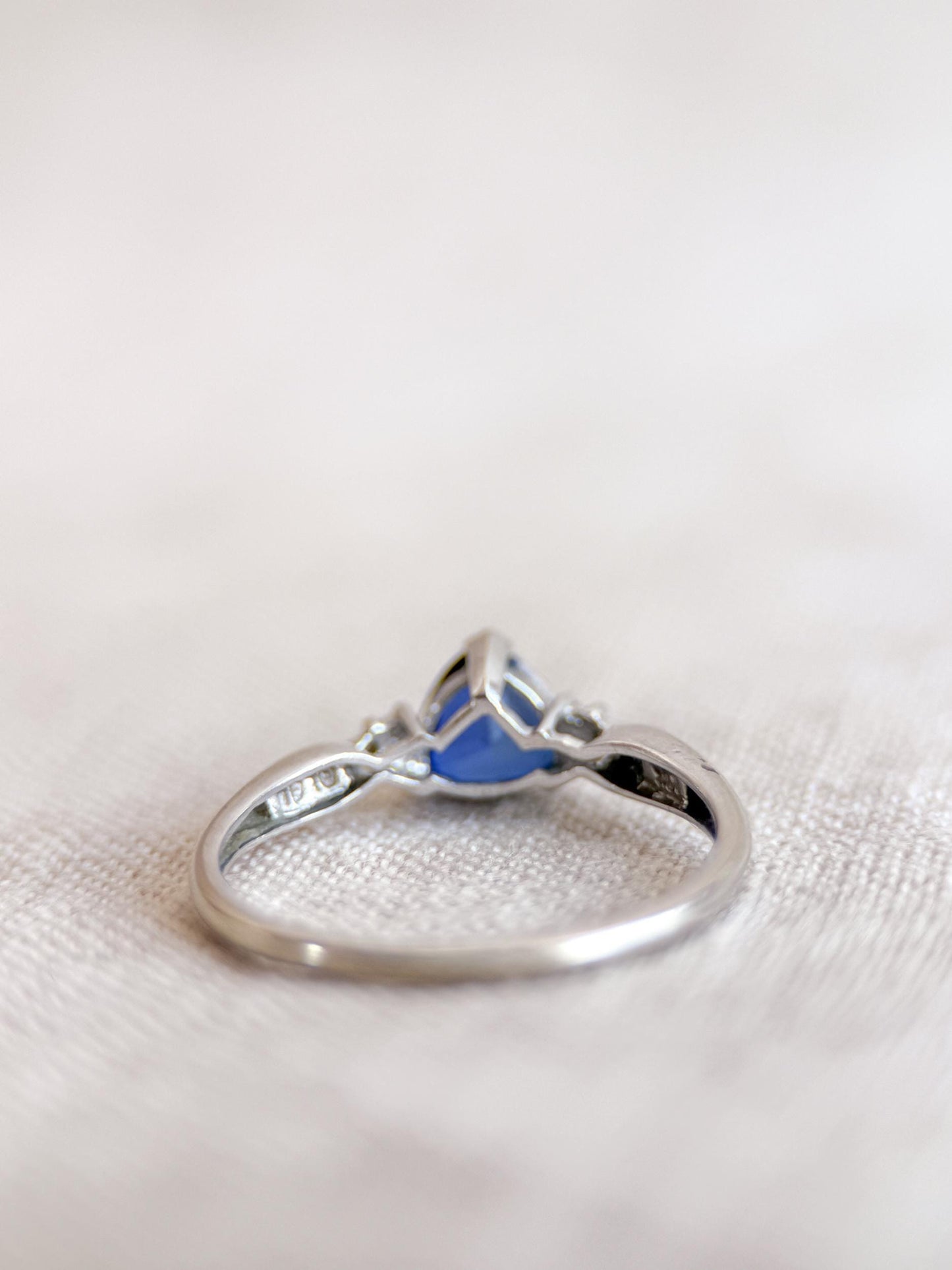 Vintage Sapphire and Diamond Engagement Ring, Trillion Cut 10k White Gold Alternative Bridal Ring