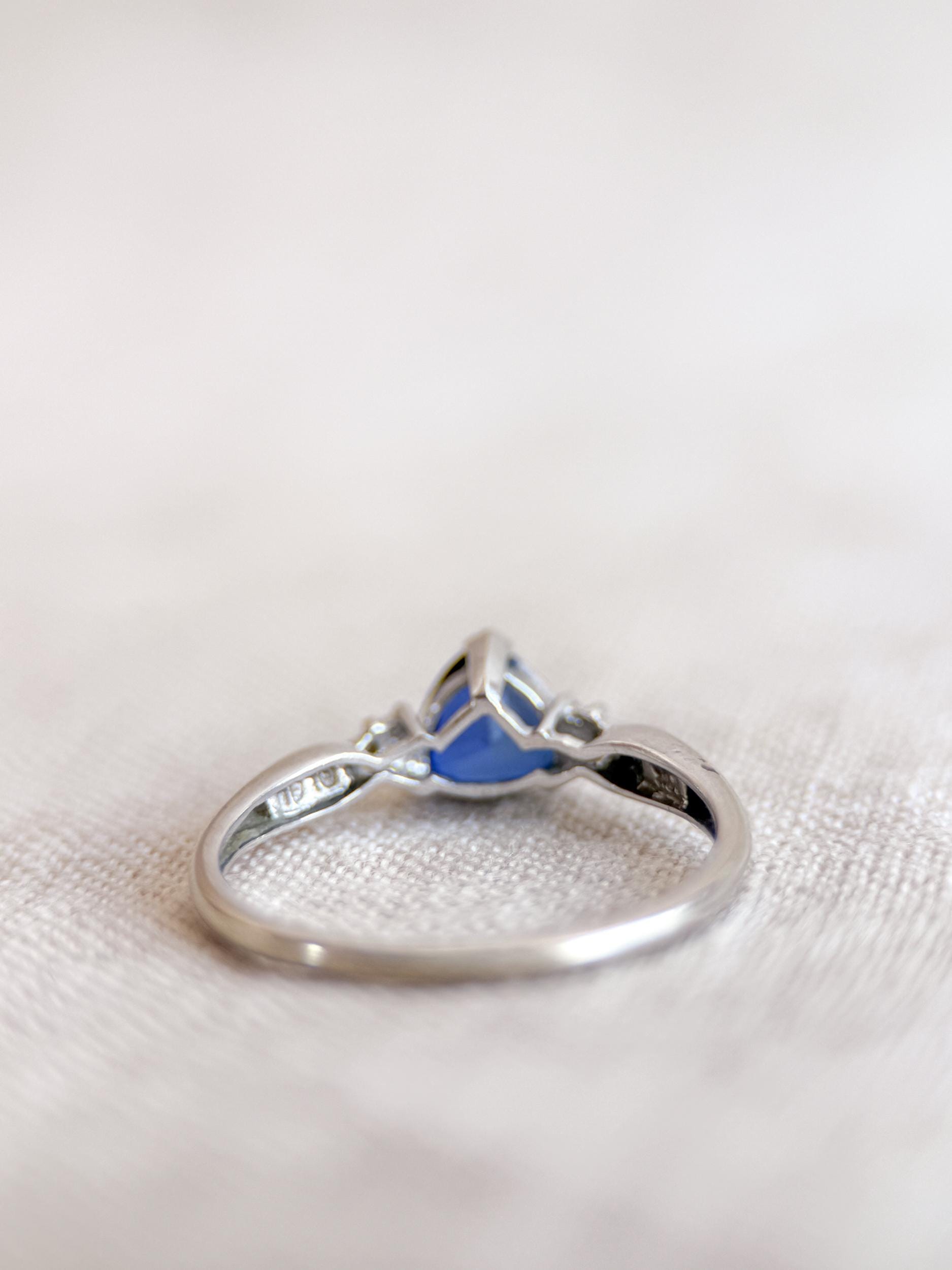 Vintage Sapphire and Diamond Engagement Ring, Trillion Cut 10k White Gold Alternative Bridal Ring