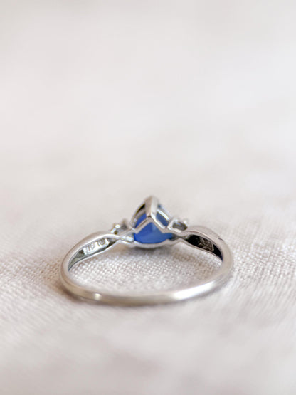 Vintage Sapphire and Diamond Engagement Ring, Trillion Cut 10k White Gold Alternative Bridal Ring