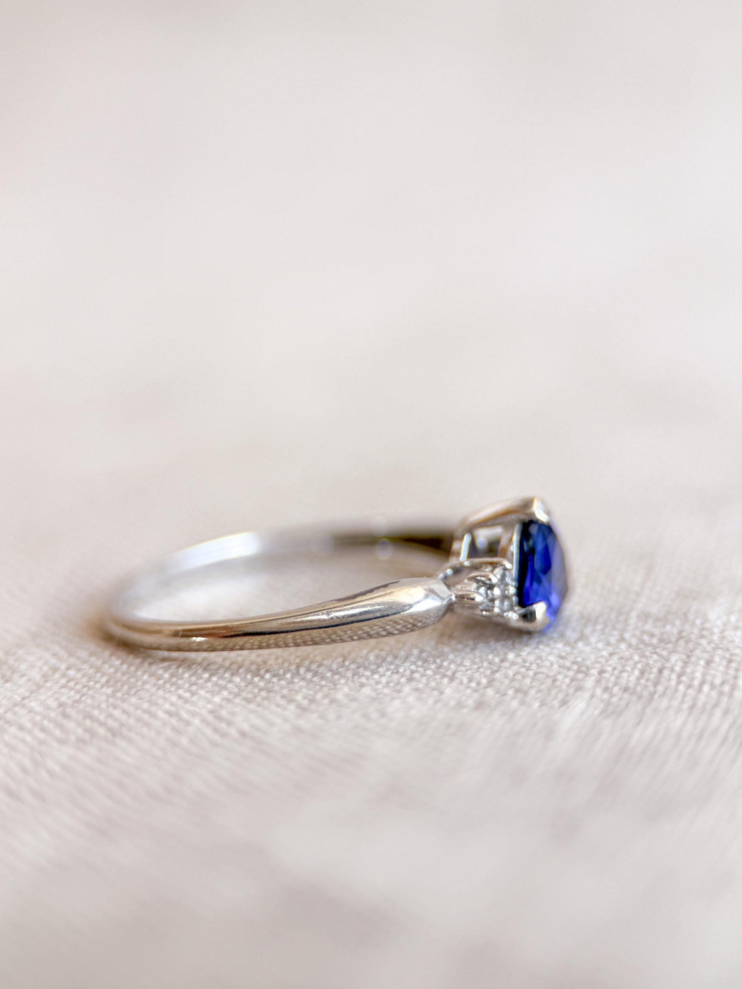 Vintage Sapphire and Diamond Engagement Ring, Trillion Cut 10k White Gold Alternative Bridal Ring