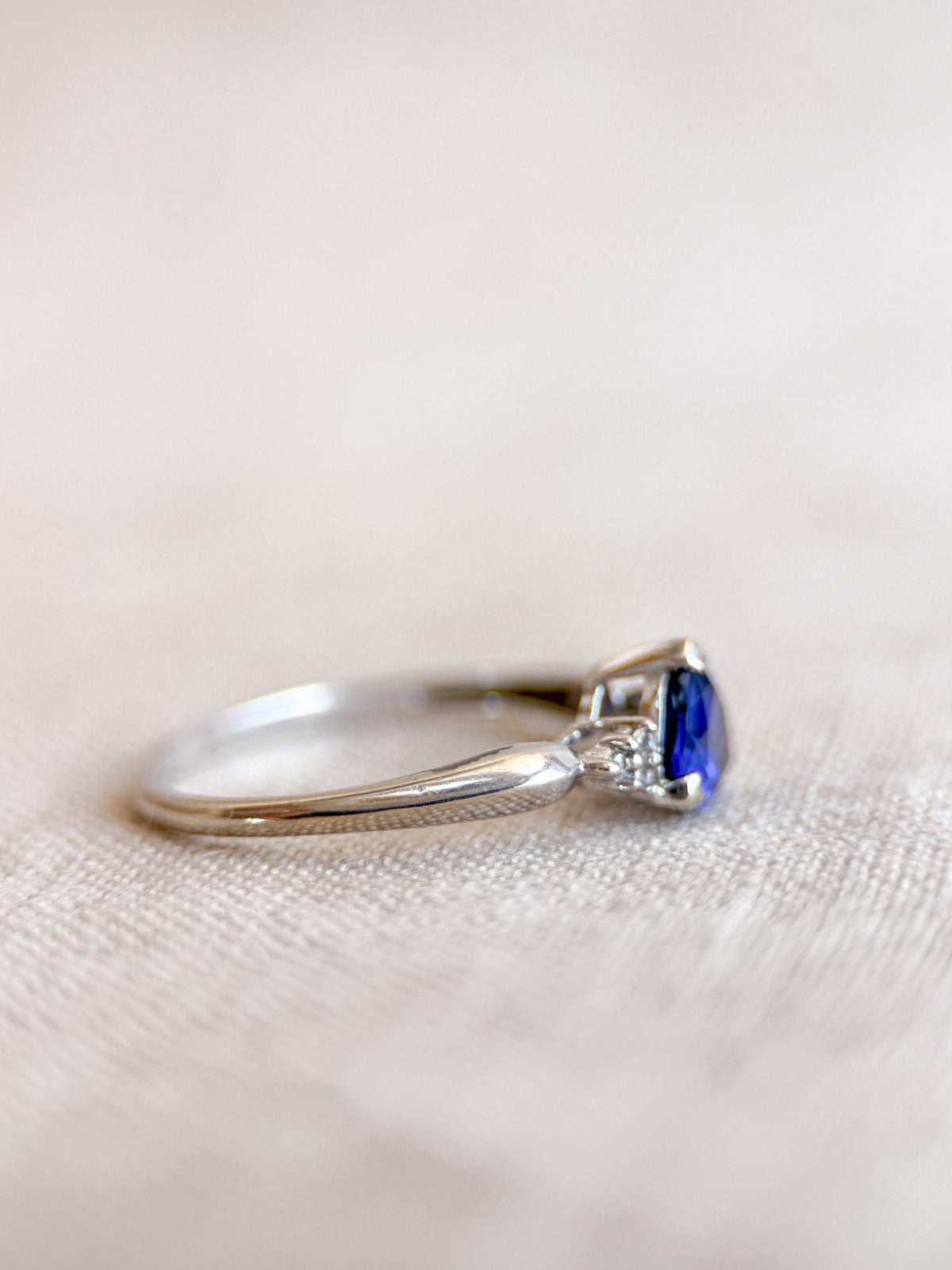 Vintage Sapphire and Diamond Engagement Ring, Trillion Cut 10k White Gold Alternative Bridal Ring