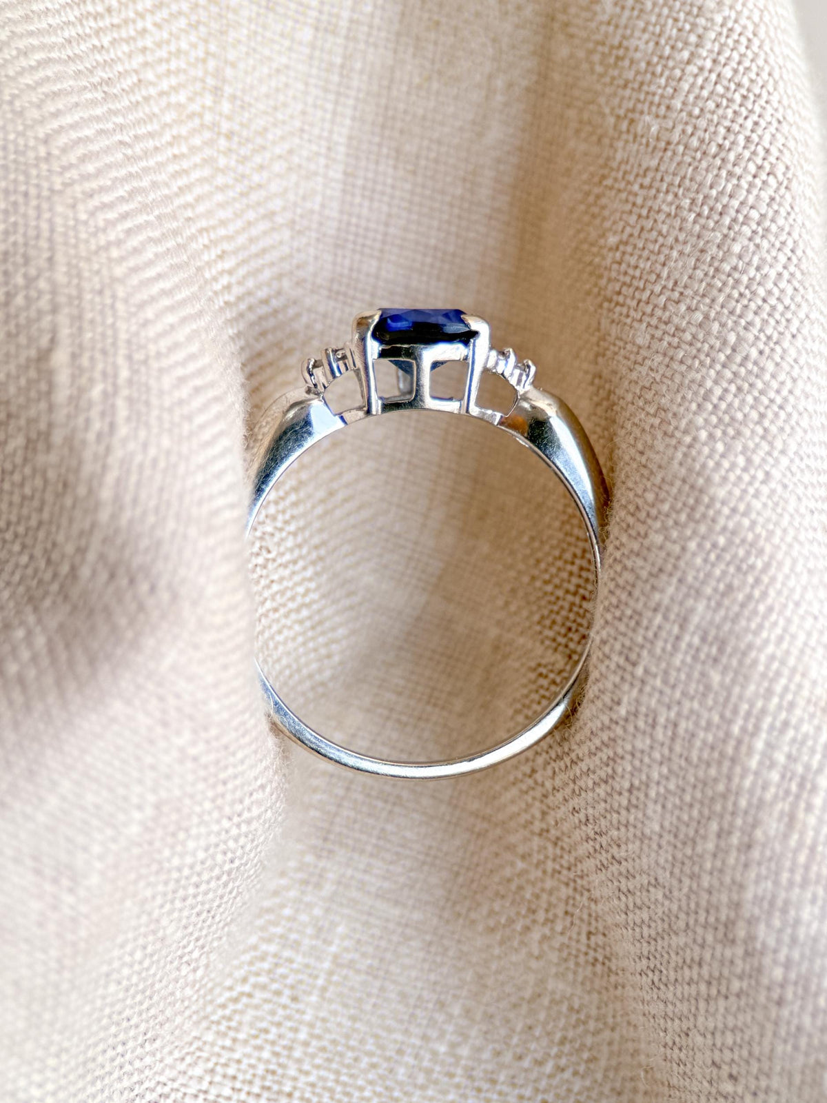 Vintage Sapphire and Diamond Engagement Ring, Trillion Cut 10k White Gold Alternative Bridal Ring