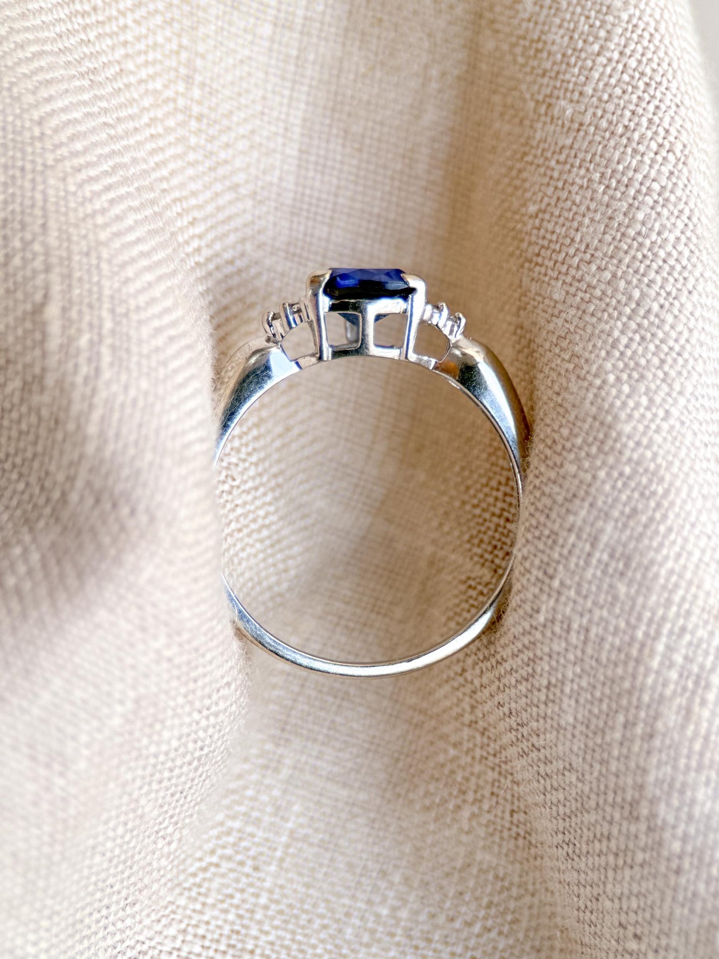 Vintage Sapphire and Diamond Engagement Ring, Trillion Cut 10k White Gold Alternative Bridal Ring