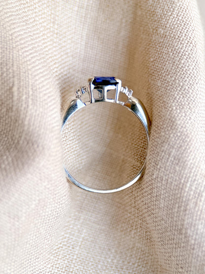 Vintage Sapphire and Diamond Engagement Ring, Trillion Cut 10k White Gold Alternative Bridal Ring