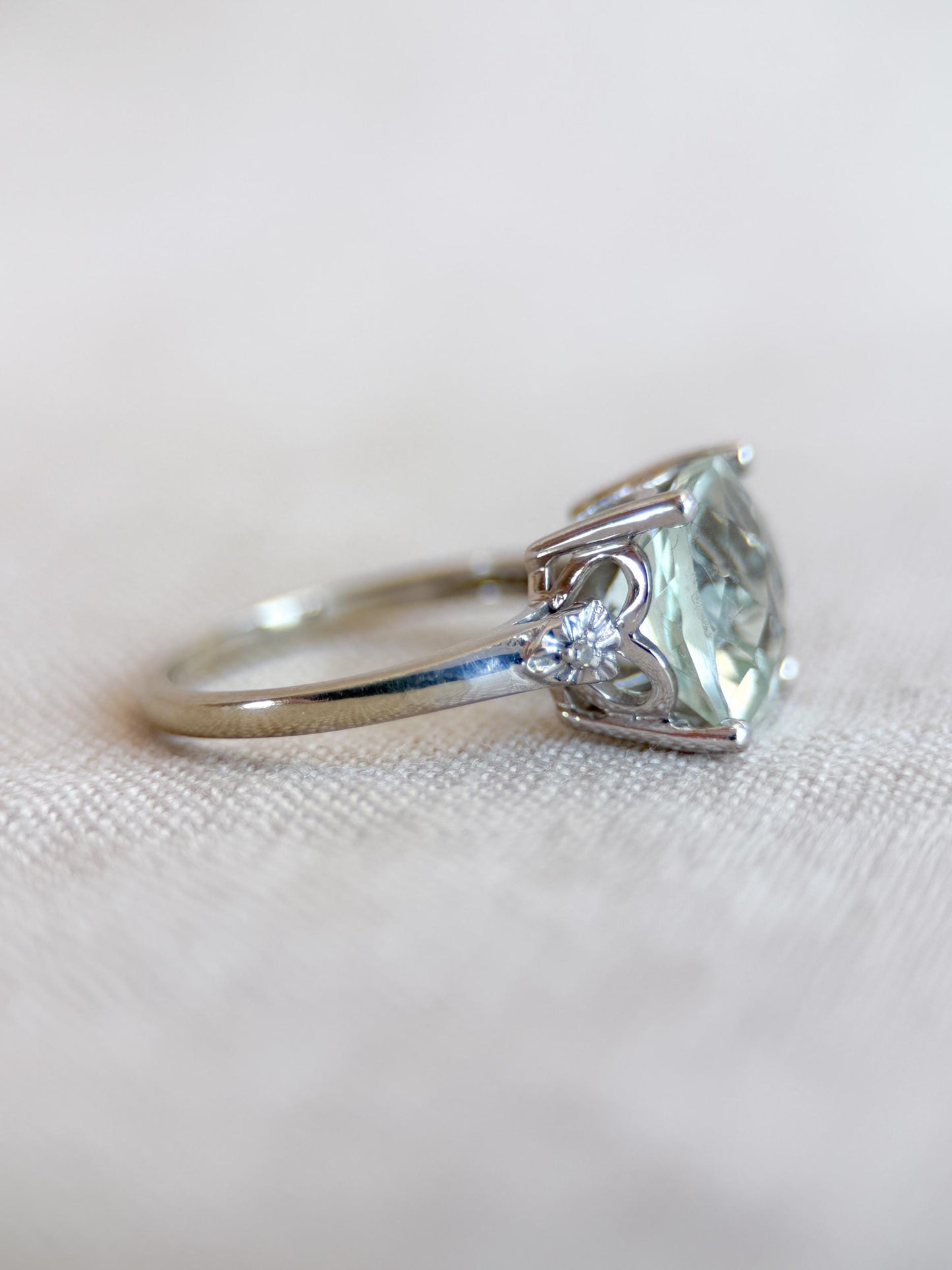 Vintage Prasiolite and Diamond Engagement Ring, Cushion Cut, 10k White Gold, Alternative Bridal Ring