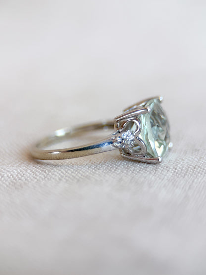 Vintage Prasiolite and Diamond Engagement Ring, Cushion Cut, 10k White Gold, Alternative Bridal Ring