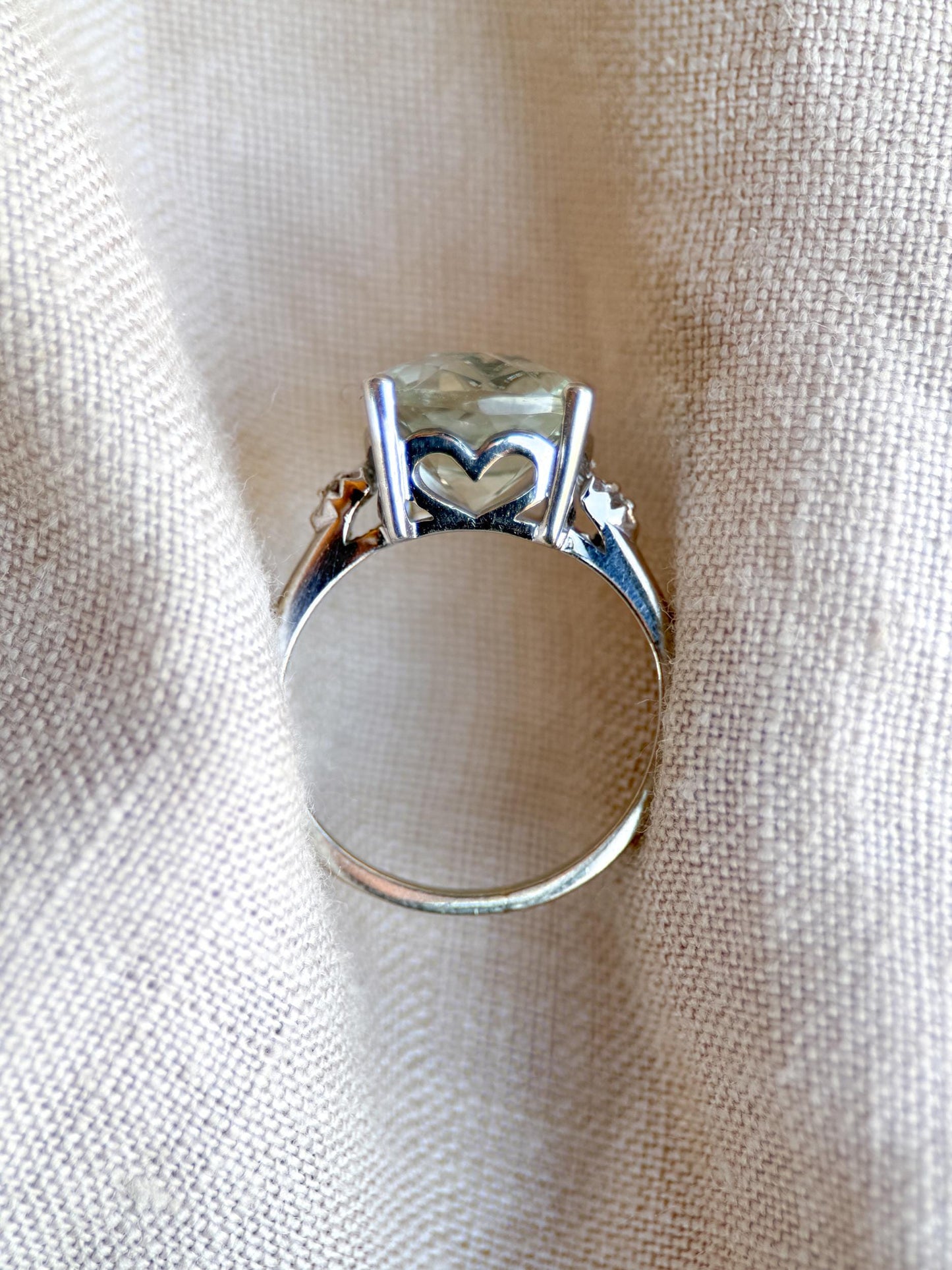 Vintage Prasiolite and Diamond Engagement Ring, Cushion Cut, 10k White Gold, Alternative Bridal Ring