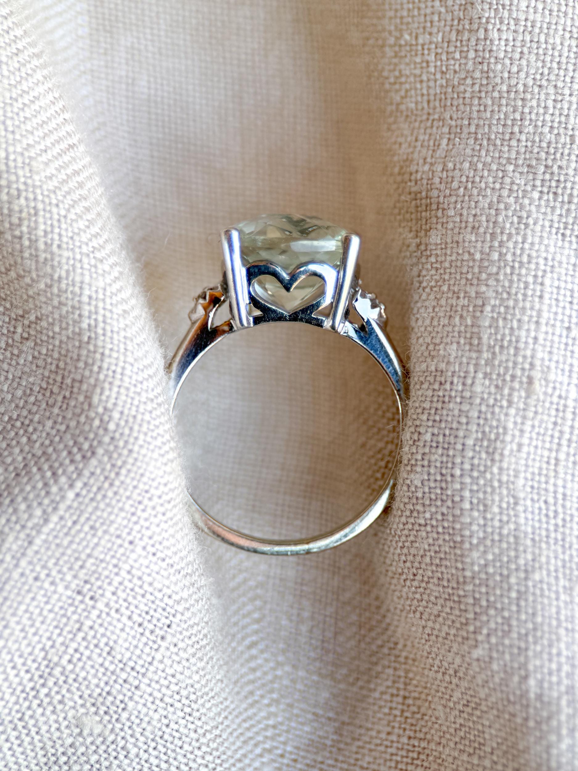 Vintage Prasiolite and Diamond Engagement Ring, Cushion Cut, 10k White Gold, Alternative Bridal Ring