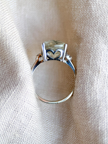 Vintage Prasiolite and Diamond Engagement Ring, Cushion Cut, 10k White Gold, Alternative Bridal Ring