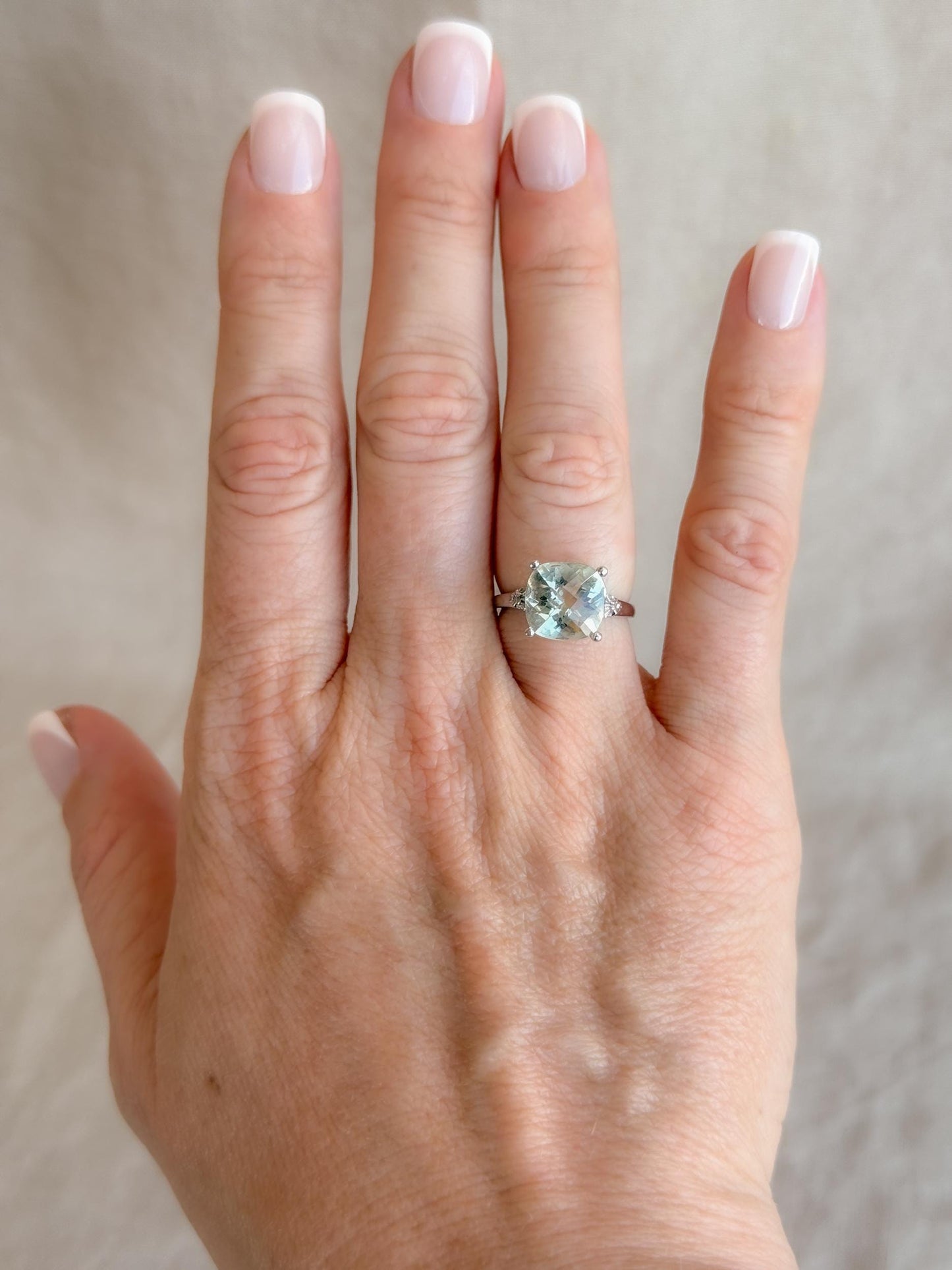 Vintage Prasiolite and Diamond Engagement Ring, Cushion Cut, 10k White Gold, Alternative Bridal Ring