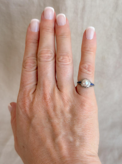 Vintage Pearl and Sapphire Engagement Ring, Platinum Art Deco Filigree Alternative Bridal Ring