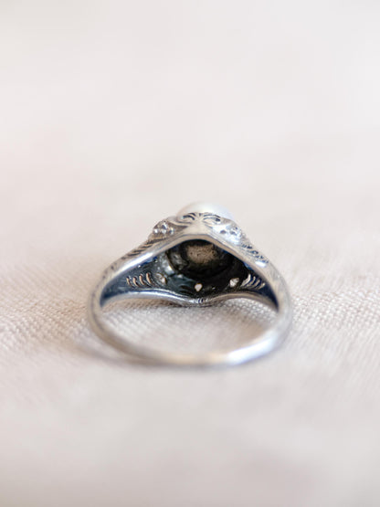 Vintage Pearl and Sapphire Engagement Ring, Platinum Art Deco Filigree Alternative Bridal Ring