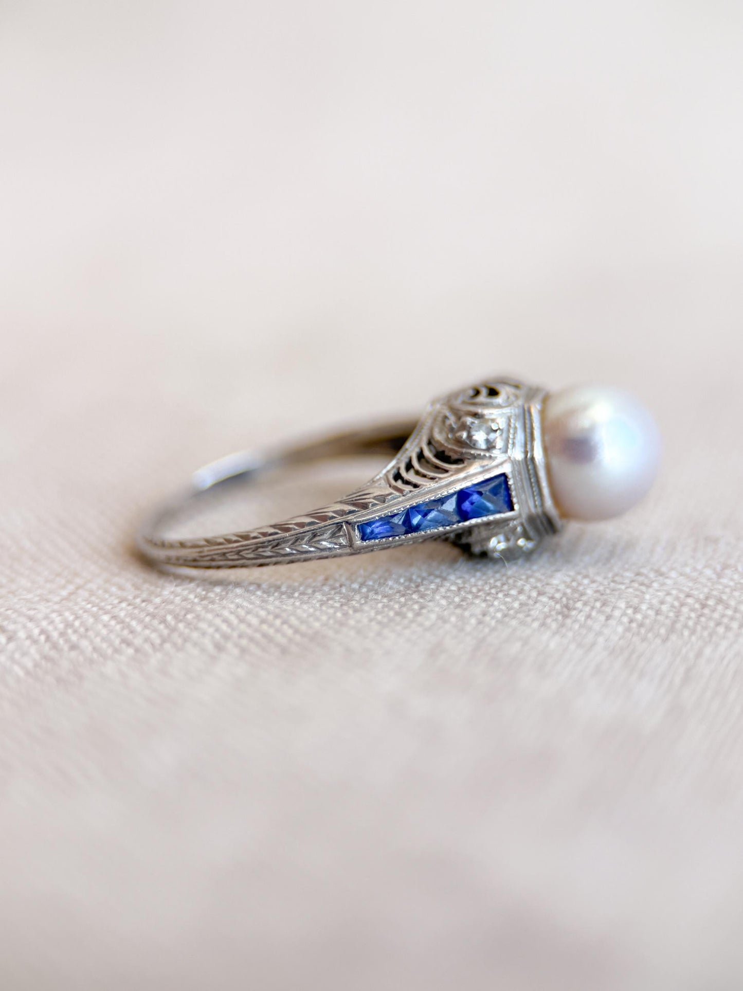 Vintage Pearl and Sapphire Engagement Ring, Platinum Art Deco Filigree Alternative Bridal Ring