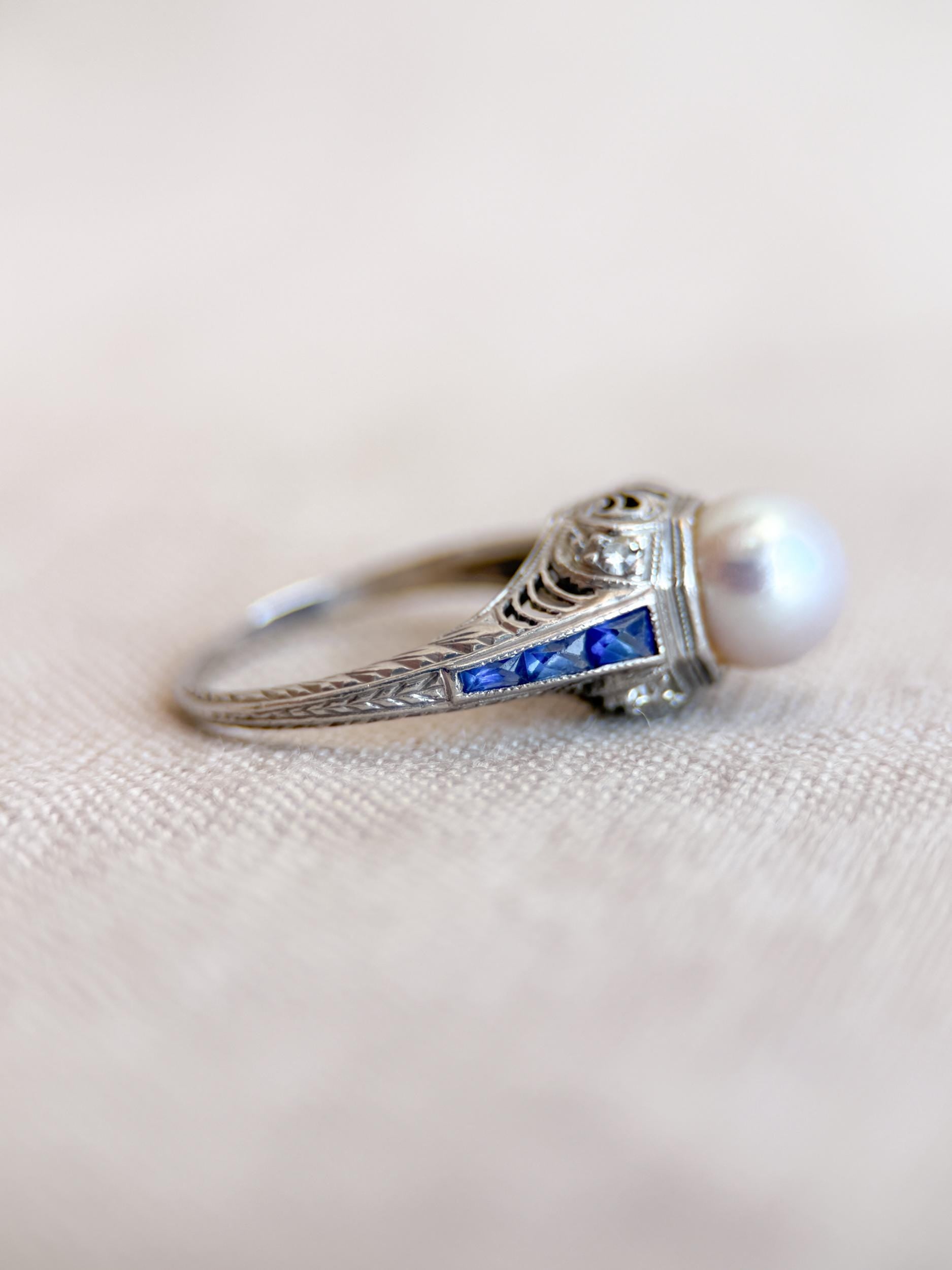 Vintage Pearl and Sapphire Engagement Ring, Platinum Art Deco Filigree Alternative Bridal Ring