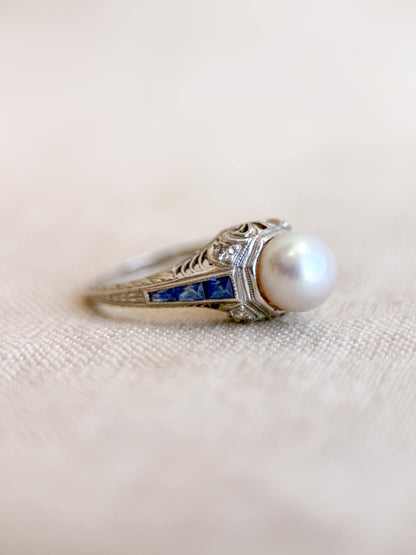 Vintage Pearl and Sapphire Engagement Ring, Platinum Art Deco Filigree Alternative Bridal Ring