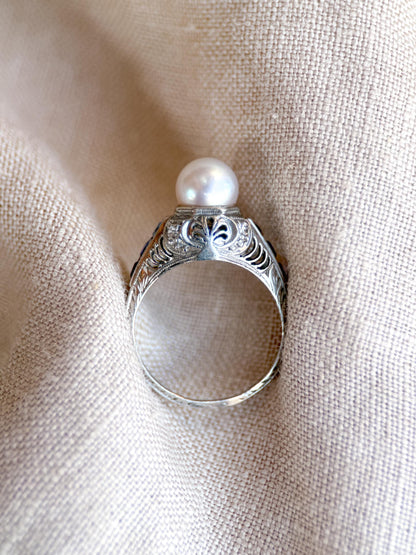 Vintage Pearl and Sapphire Engagement Ring, Platinum Art Deco Filigree Alternative Bridal Ring