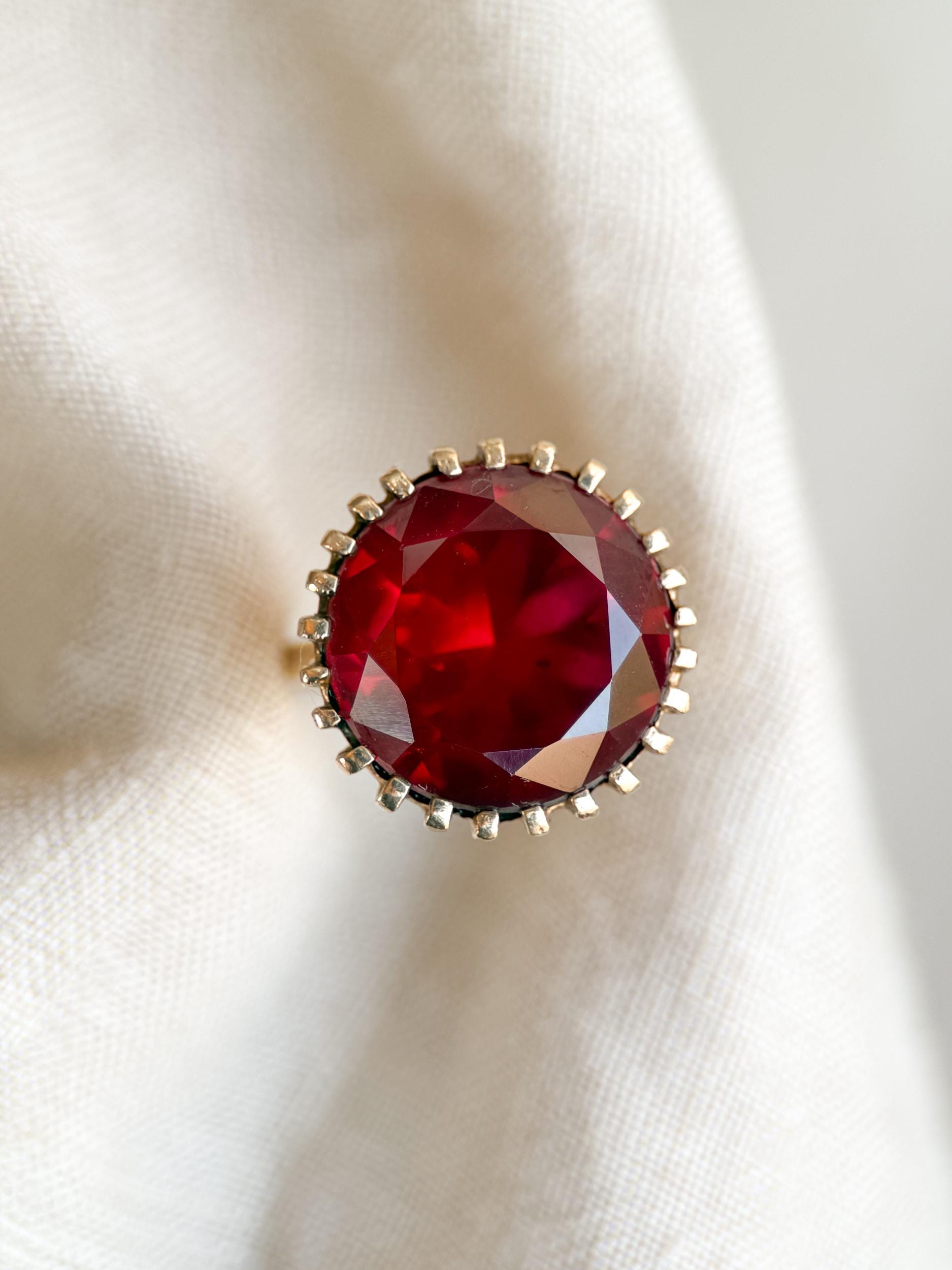 Vintage Ruby Ring, 10k Gold, Round Cut Large Solitaire Statement Ring, 1970s Bold Jewelry