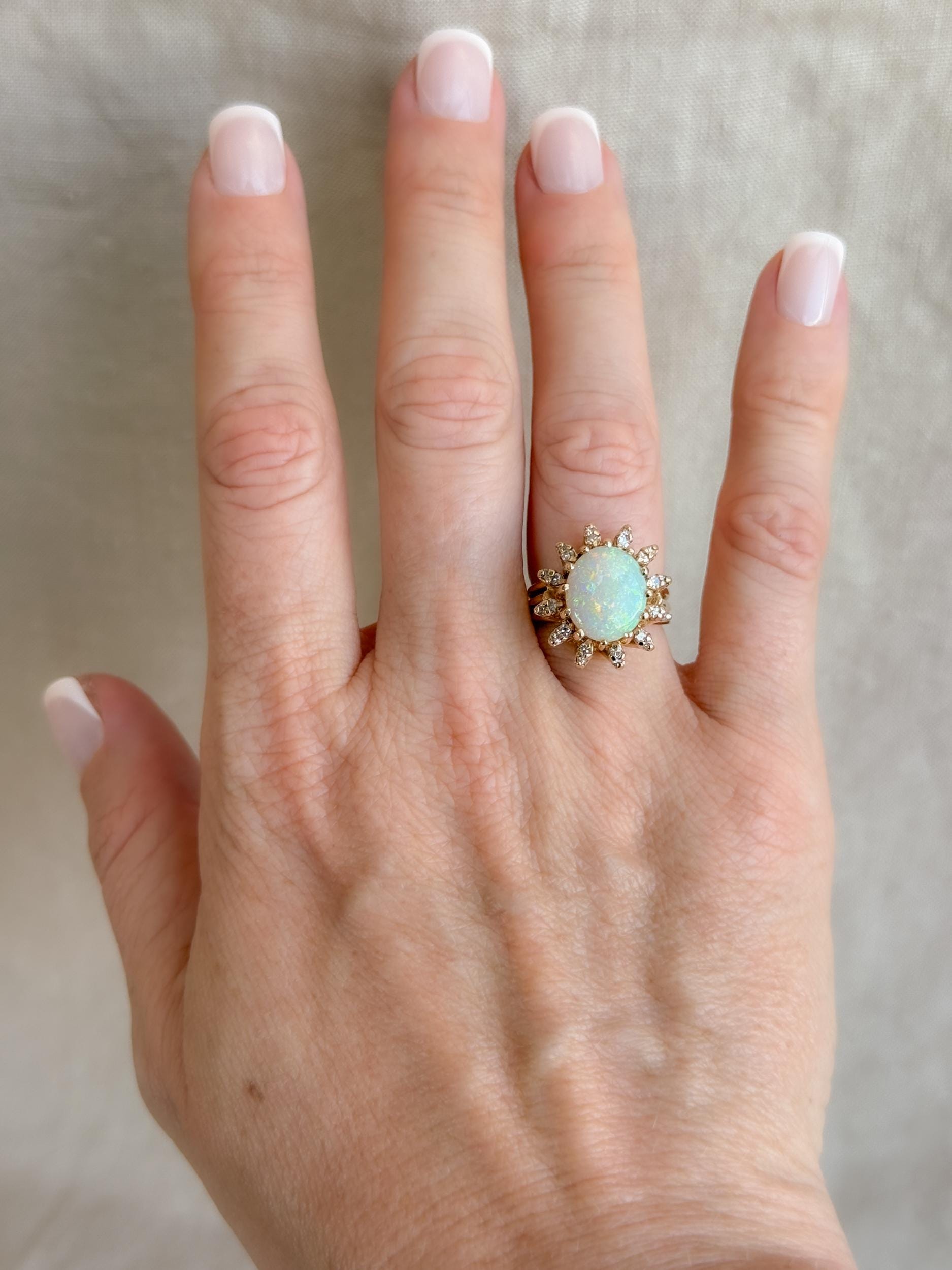 Vintage Opal and Diamond Halo Ring, 14k Gold, Oval Statement or Alternative Bridal Ring