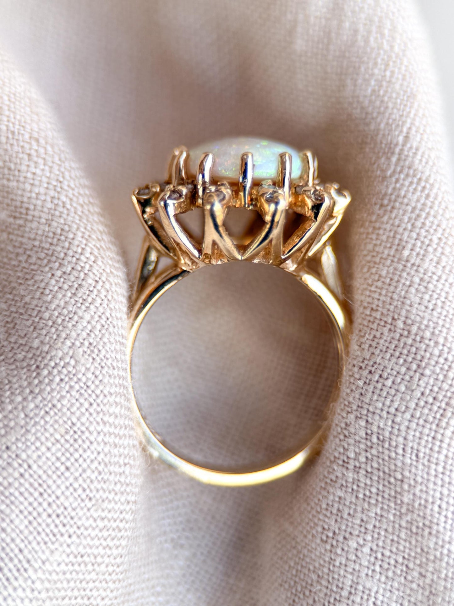 Vintage Opal and Diamond Halo Ring, 14k Gold, Oval Statement or Alternative Bridal Ring