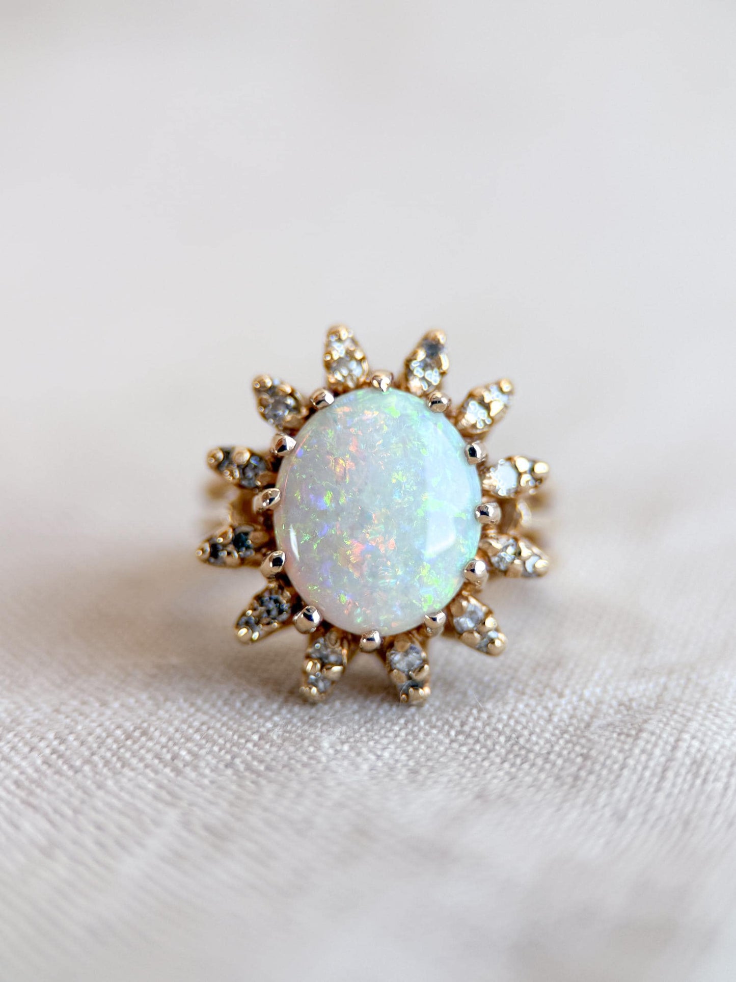 Vintage Opal and Diamond Halo Ring, 14k Gold, Oval Statement or Alternative Bridal Ring