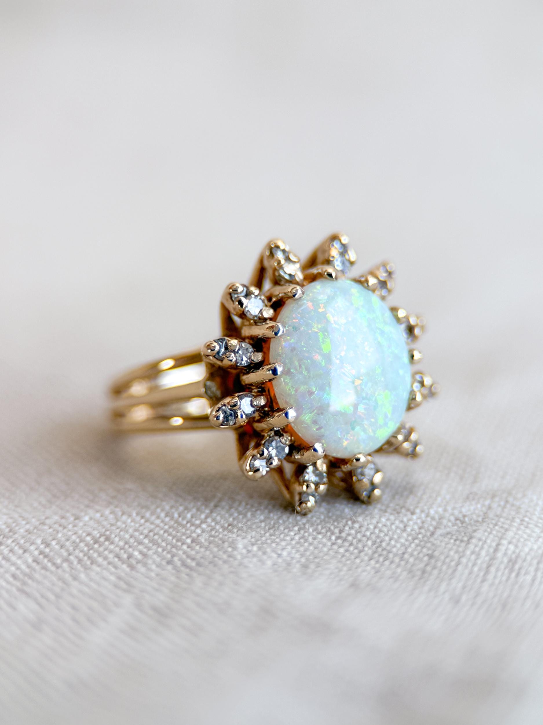Vintage Opal and Diamond Halo Ring, 14k Gold, Oval Statement or Alternative Bridal Ring