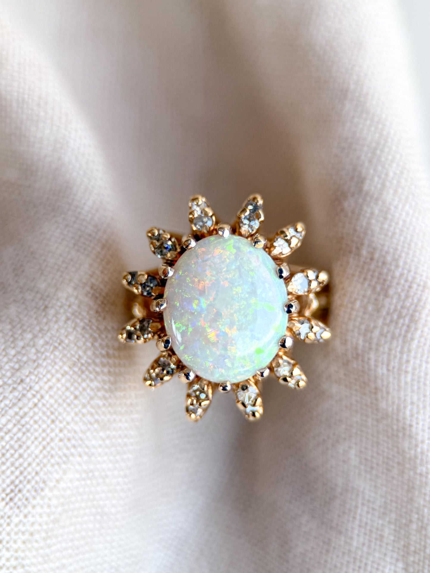 Vintage Opal and Diamond Halo Ring, 14k Gold, Oval Statement or Alternative Bridal Ring
