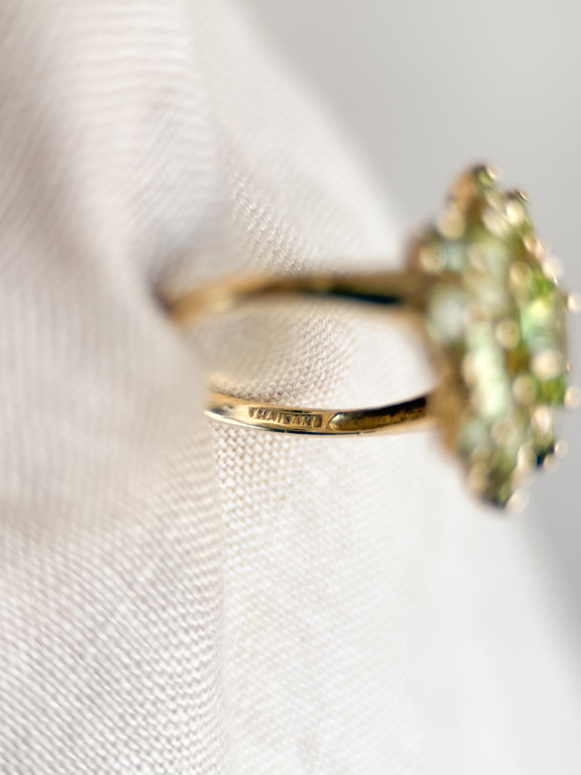 Vintage Peridot Ring, 10k Gold, Cluster Floral Halo Statement Ring, Green Gemstone Jewelry