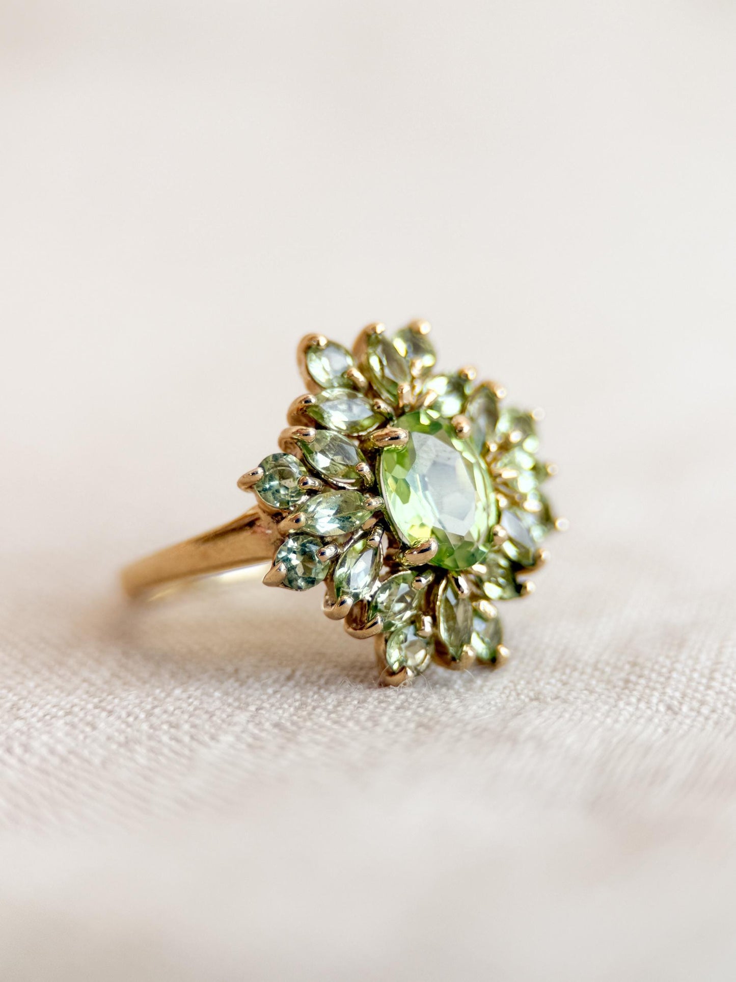 Vintage Peridot Ring, 10k Gold, Cluster Floral Halo Statement Ring, Green Gemstone Jewelry