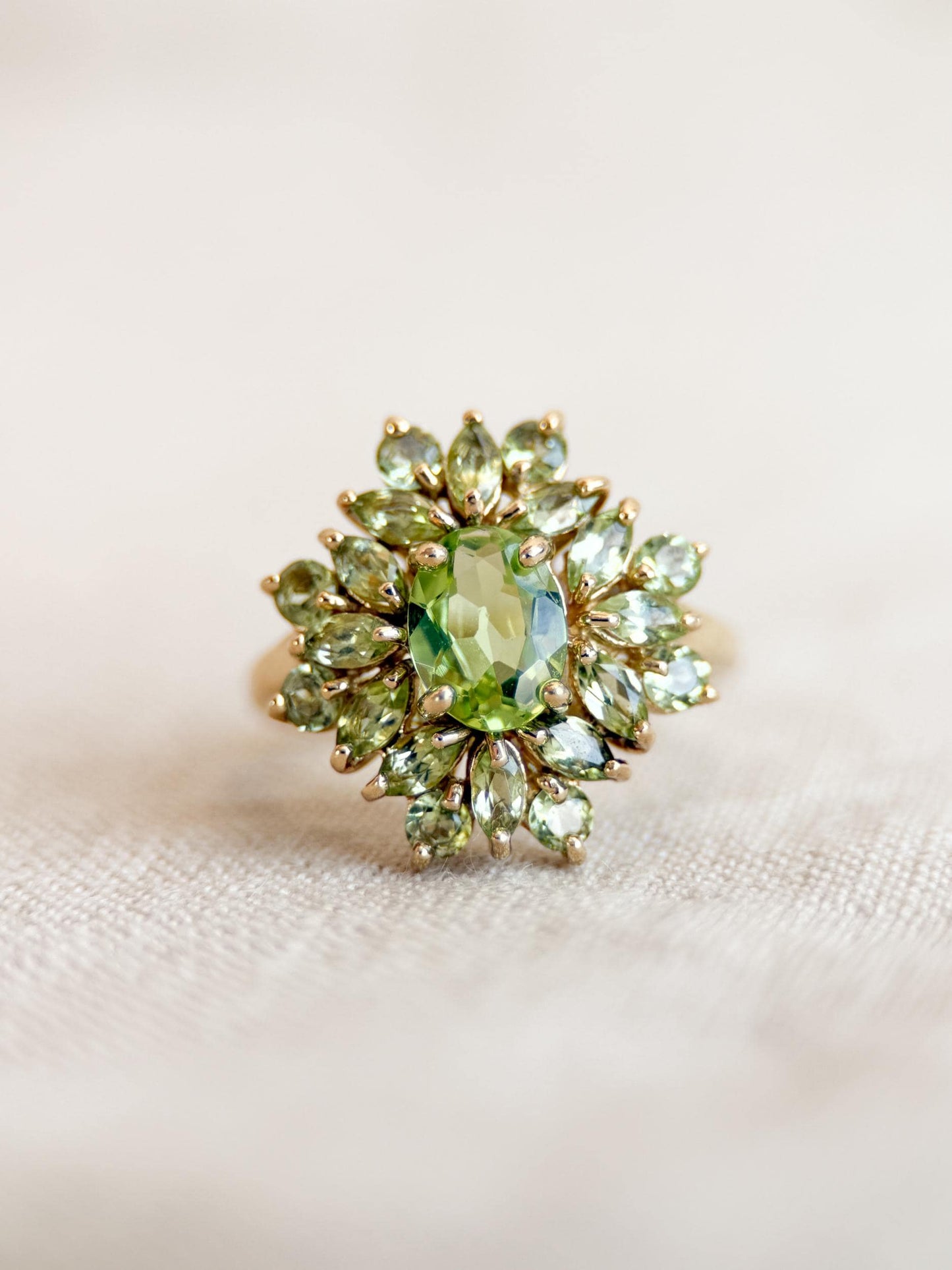 Vintage Peridot Ring, 10k Gold, Cluster Floral Halo Statement Ring, Green Gemstone Jewelry