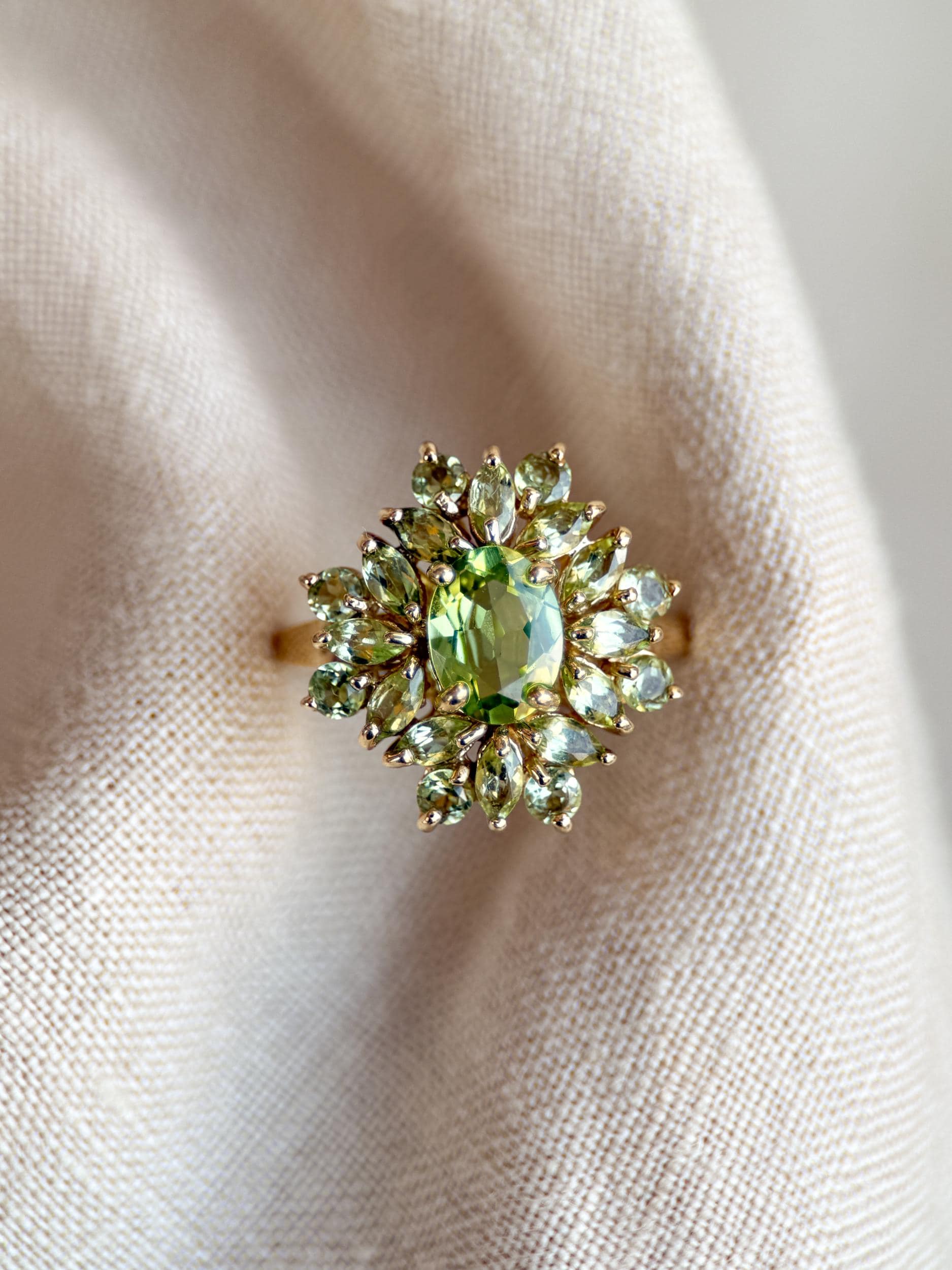 Vintage Peridot Ring, 10k Gold, Cluster Floral Halo Statement Ring, Green Gemstone Jewelry