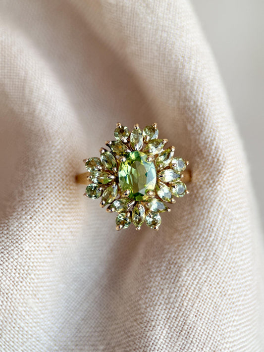 Vintage Peridot Ring, 10k Gold, Cluster Floral Halo Statement Ring, Green Gemstone Jewelry